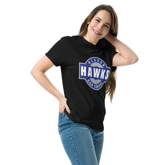 Woman wearing Hebron High School Hawks Black Classic Unisex T-shirt 011