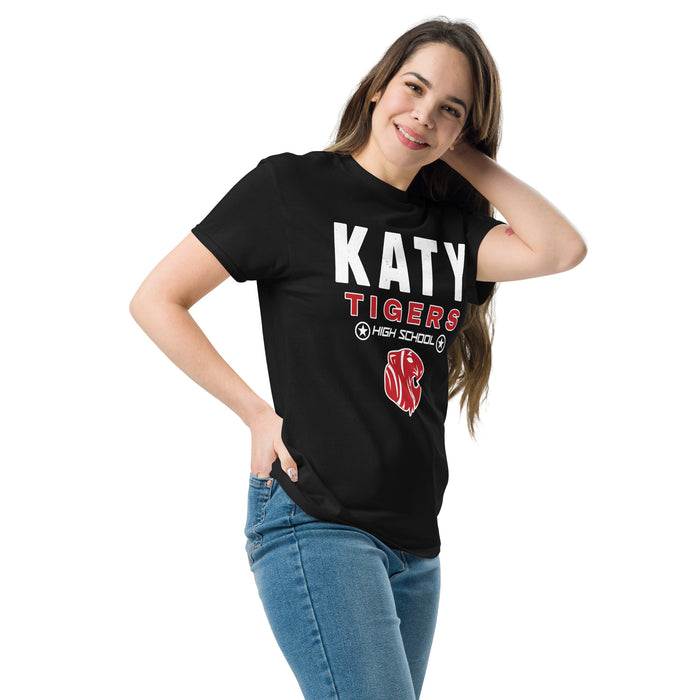 Woman wearing Katy High School Tigers Black Classic Unisex  T-shirt 003