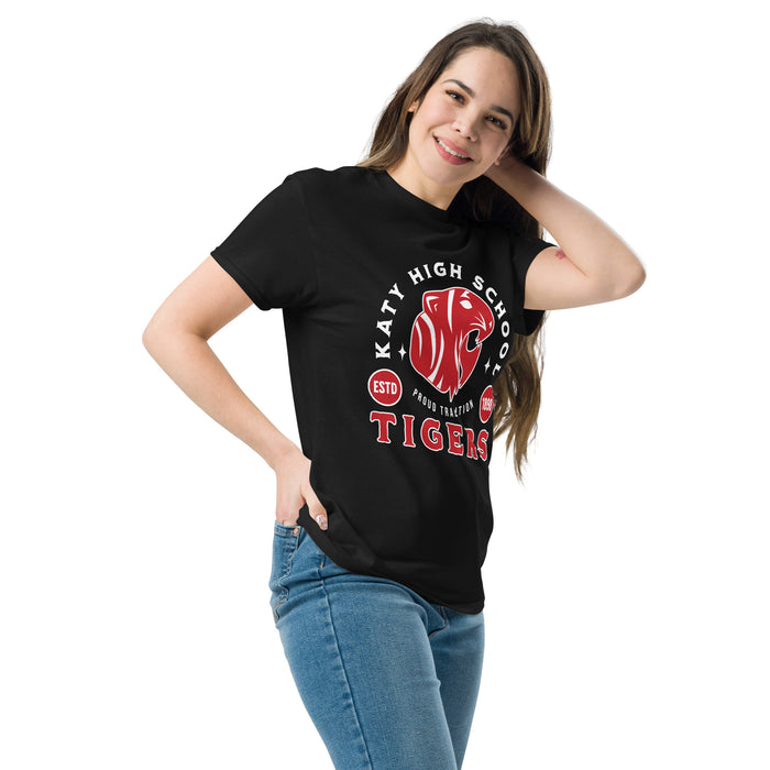 Woman wearing Katy High School Tigers Black Classic Unisex  T-shirt 208