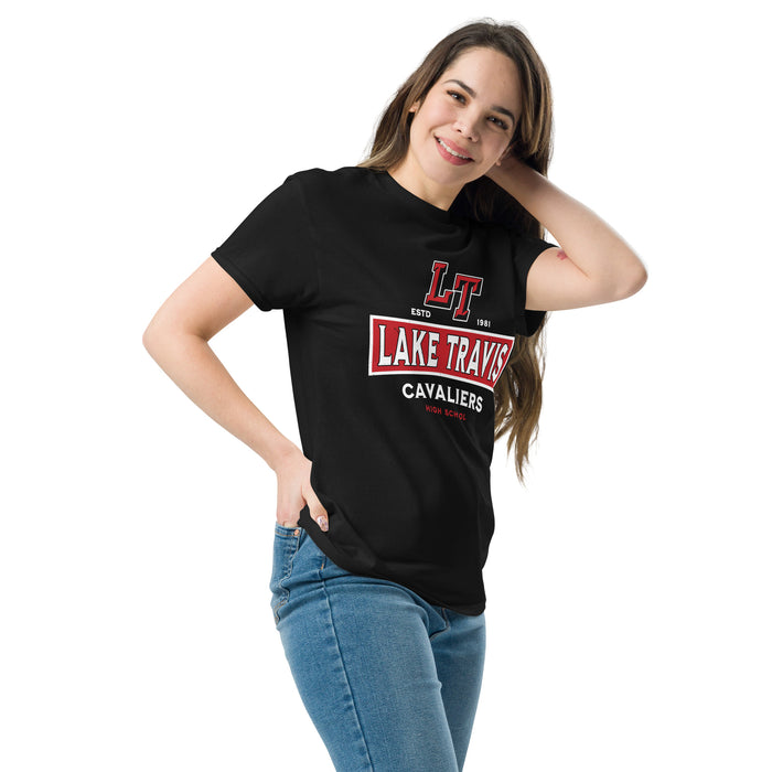 Woman wearing Lake Travis High School Cavaliers Black Classic Unisex T-shirt 202