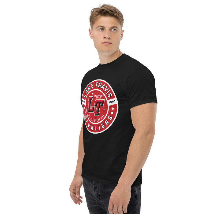 Man wearing Lake Travis High School Cavaliers Black Classic Unisex T-shirt 239