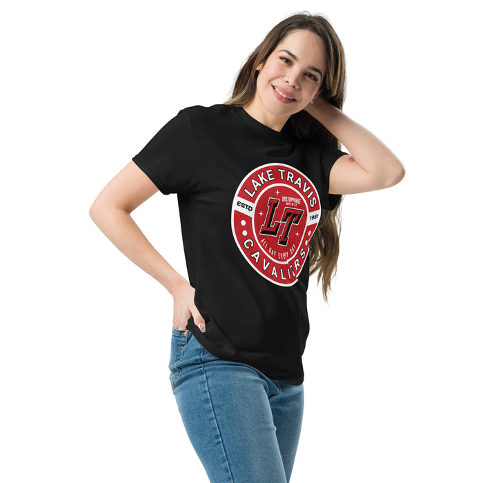 Woman wearing Lake Travis High School Cavaliers Black Classic Unisex T-shirt 239
