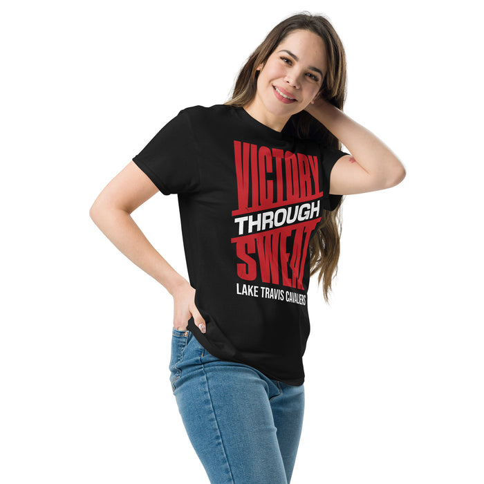 Woman wearing Lake Travis High School Cavaliers Black Classic Unisex T-shirt 241