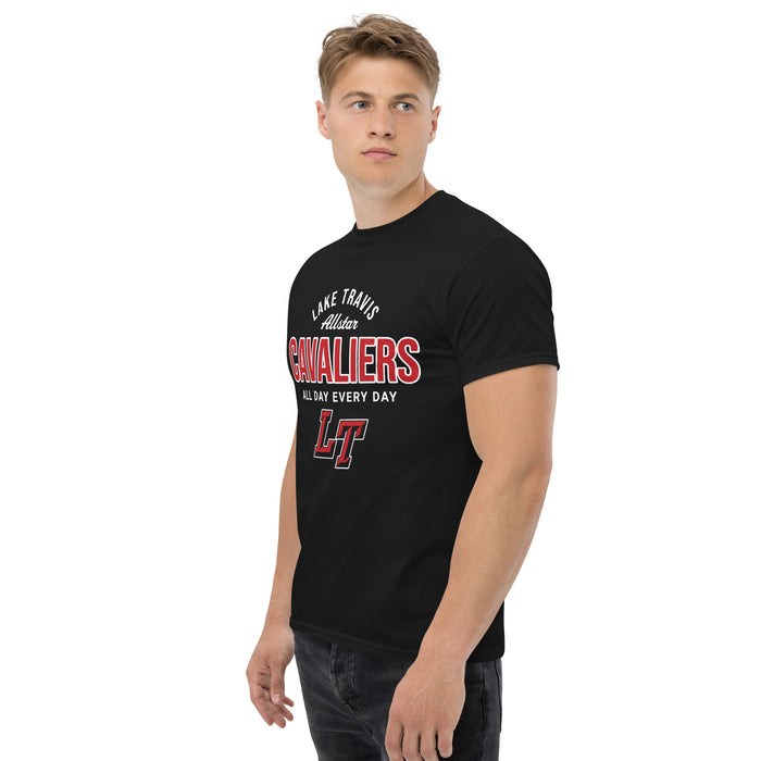 Man wearing Lake Travis High School Cavaliers Black Classic Unisex T-shirt 040