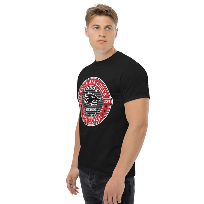 Man wearing Langham Creek High School Lobos Black Classic Unisex T-shirt 224