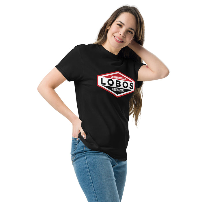 Woman wearing Langham Creek High School Lobos Black Classic Unisex T-shirt 009