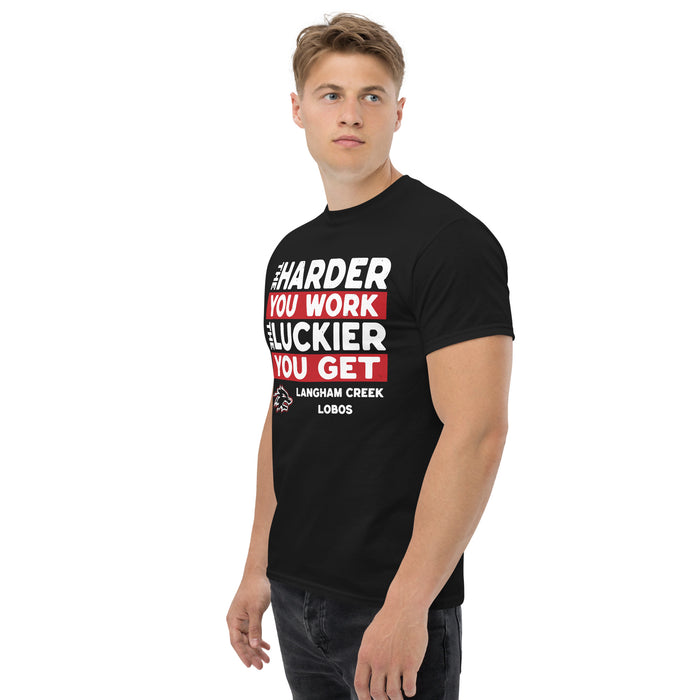 Man wearing Langham Creek High School Lobos Black Classic Unisex T-shirt 238