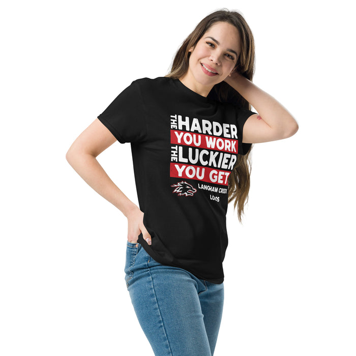 Woman wearing Langham Creek High School Lobos Black Classic Unisex T-shirt 238