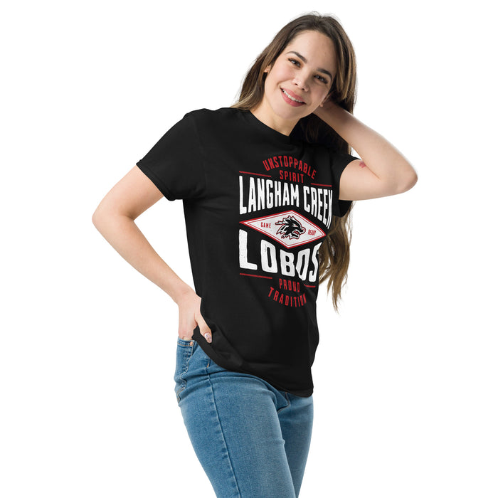 Woman wearing Langham Creek High School Lobos Black Classic Unisex T-shirt 210