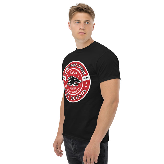 Man wearing Langham Creek High School Lobos Black Classic Unisex T-shirt 239