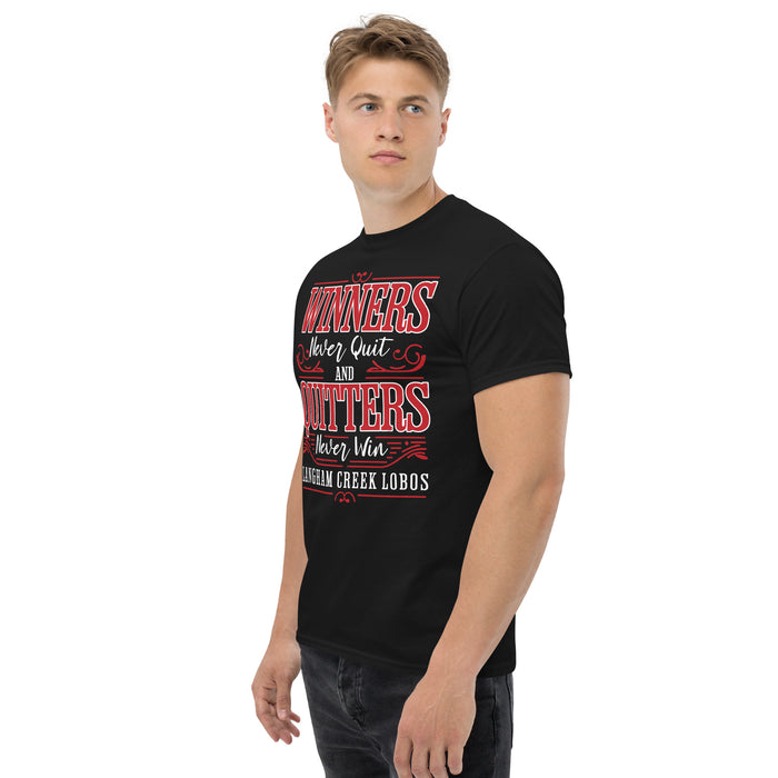 Man wearing Langham Creek High School Lobos Black Classic Unisex T-shirt 237