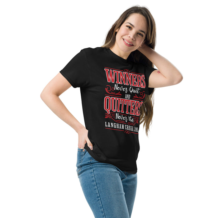 Woman wearing Langham Creek High School Lobos Black Classic Unisex T-shirt 237