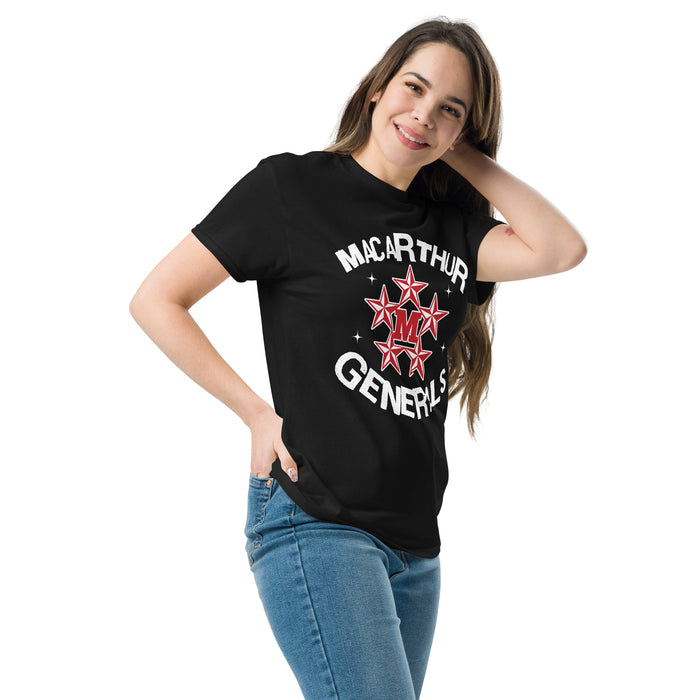 Woman wearing MacArthur High School Generals Black Classic Unisex T-shirt 228