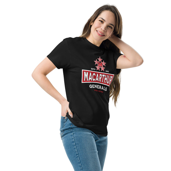 Woman wearing MacArthur High School Generals Black Classic Unisex T-shirt 202