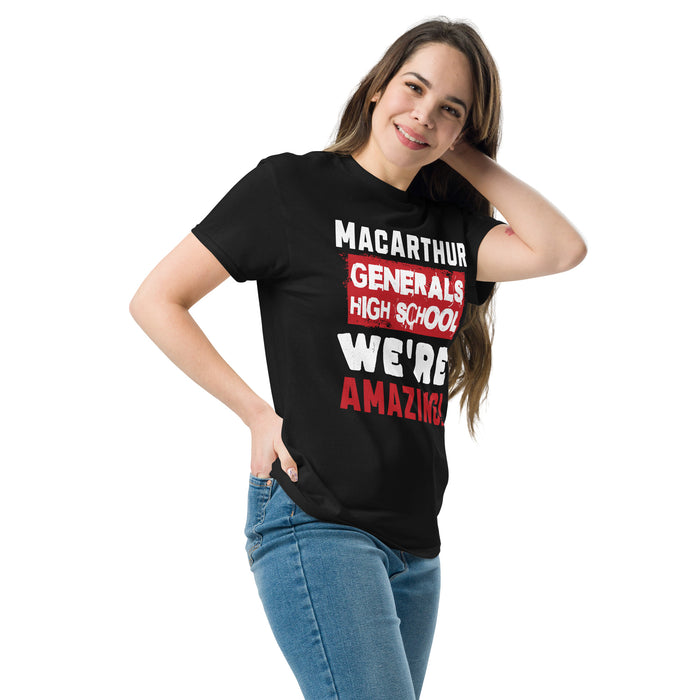 Woman wearing MacArthur High School Generals Black Classic Unisex T-shirt 231
