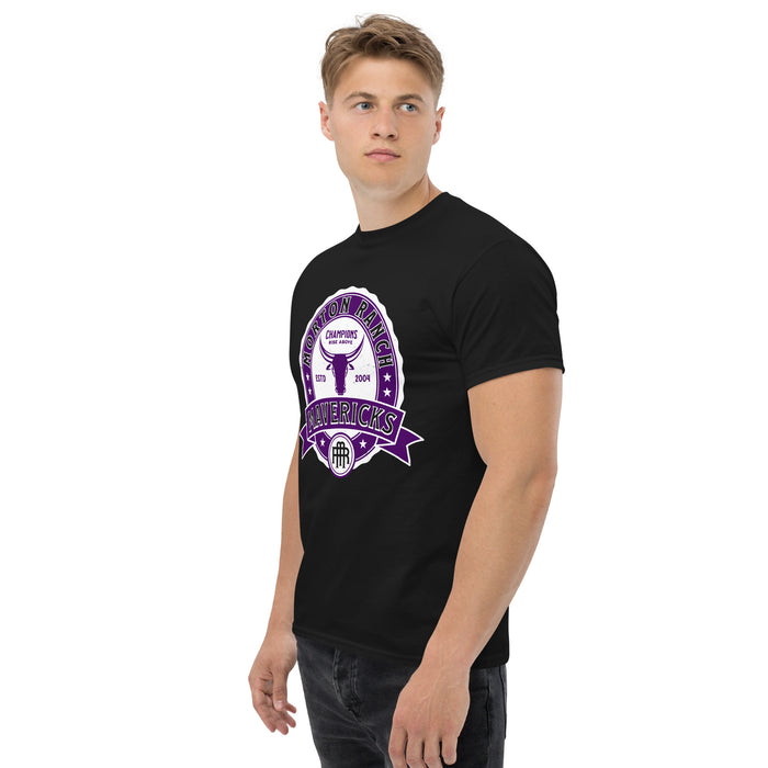Man wearing Morton Ranch High School Mavericks Black Classic Unisex T-shirt 212