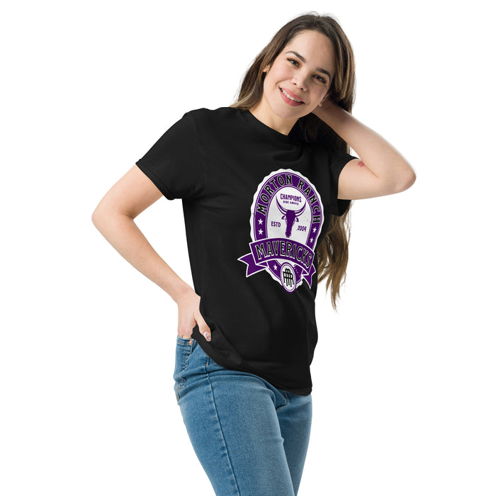 Woman wearing Morton Ranch High School Mavericks Black Classic Unisex T-shirt 212