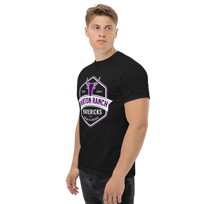 Man wearing Morton Ranch High School Mavericks Black Classic Unisex T-shirt 209