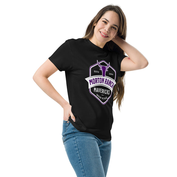 Woman wearing Morton Ranch High School Mavericks Black Classic Unisex T-shirt 209