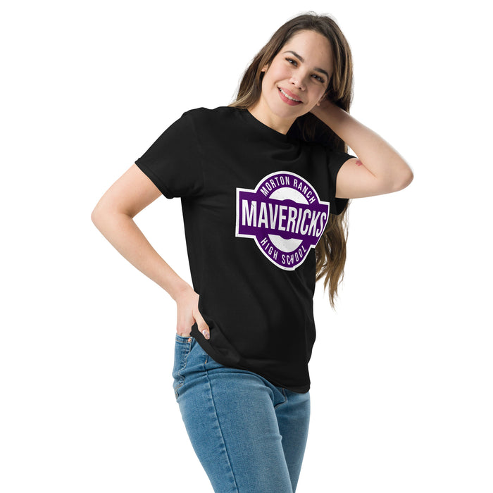 Woman wearing Morton Ranch High School Mavericks Black Classic Unisex T-shirt 011