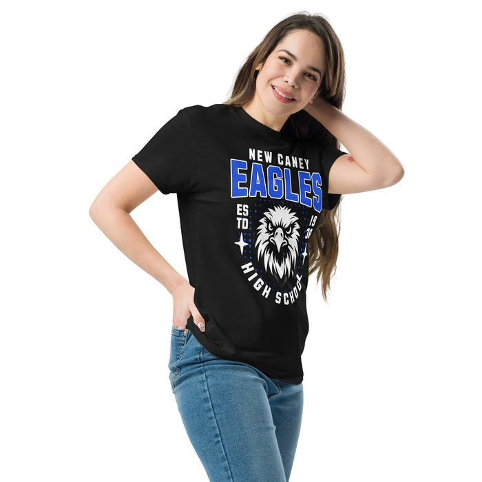 Woman wearing New Caney High School Eagles Black Classic Unisex T-shirt 204