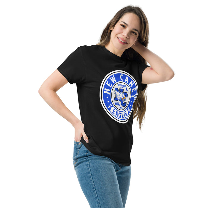 Woman wearing New Caney High School Eagles Black Classic Unisex T-shirt 220