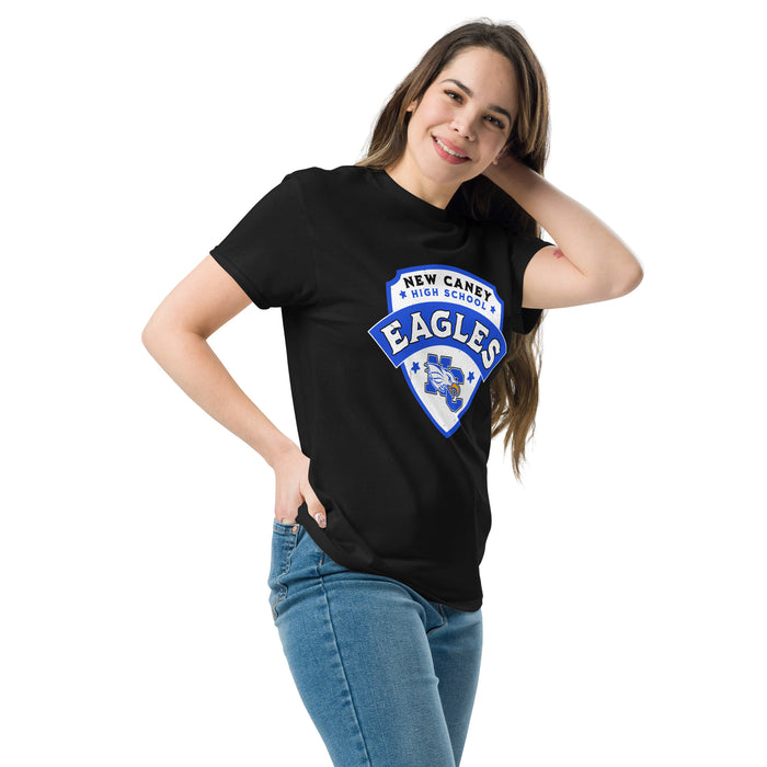 Woman wearing New Caney High School Eagles Black Classic Unisex T-shirt 221