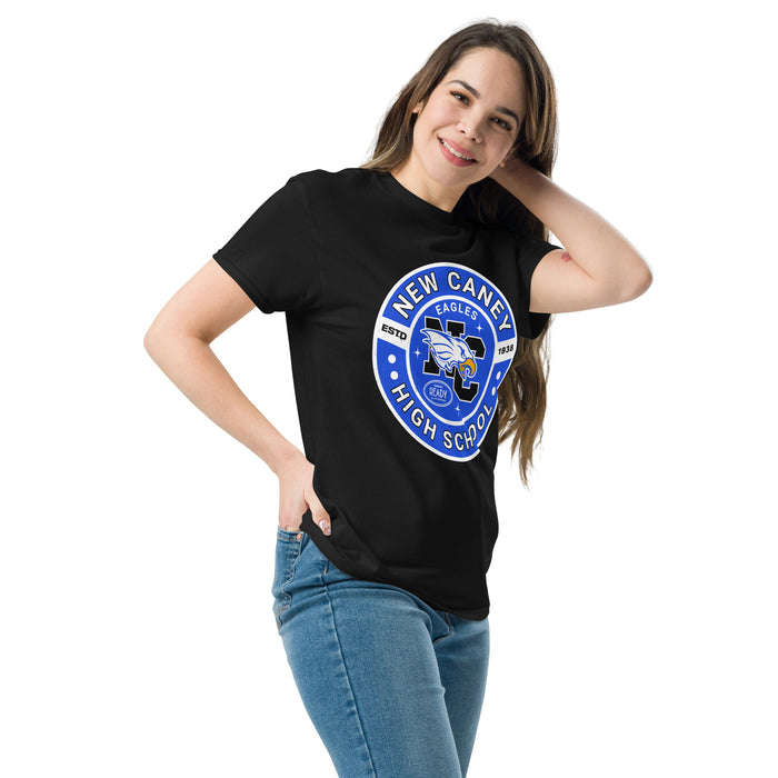 Woman wearing New Caney High School Eagles Black Classic Unisex T-shirt 239