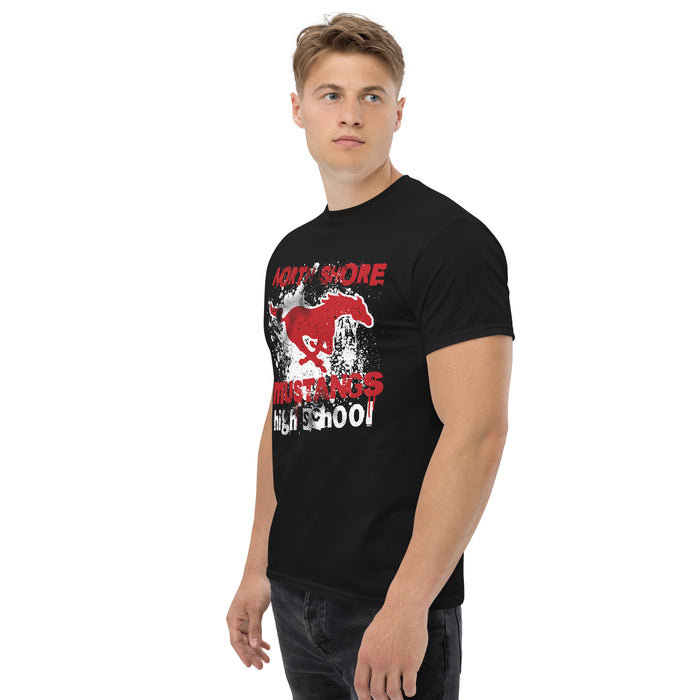 Man wearing North Shore High School Mustangs Black Classic Unisex T-shirt 205