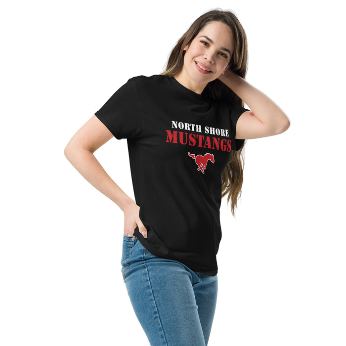 Woman wearing North Shore High School Mustangs Black Classic Unisex T-shirt 017
