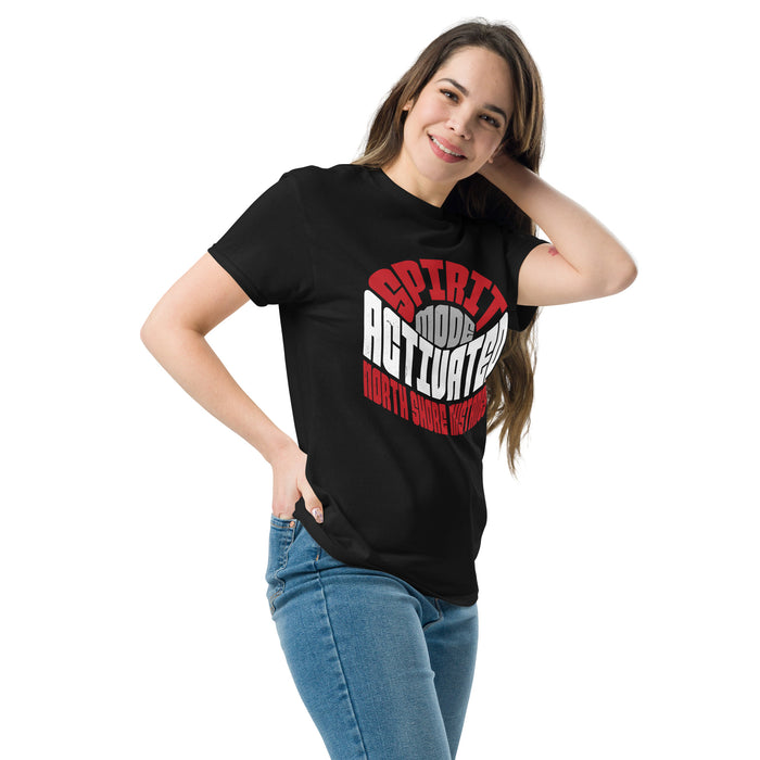 Woman wearing North Shore High School Mustangs Black Classic Unisex T-shirt 242