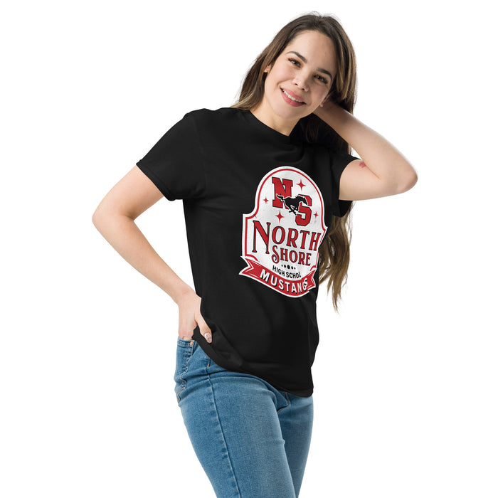 Woman wearing North Shore High School Mustangs Black Classic Unisex T-shirt 219