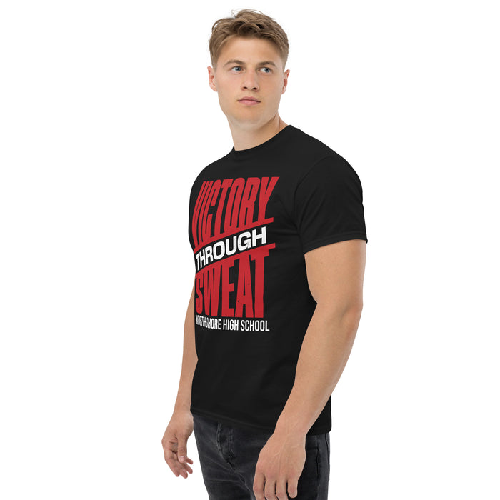 Man wearing North Shore High School Mustangs Black Classic Unisex T-shirt 241