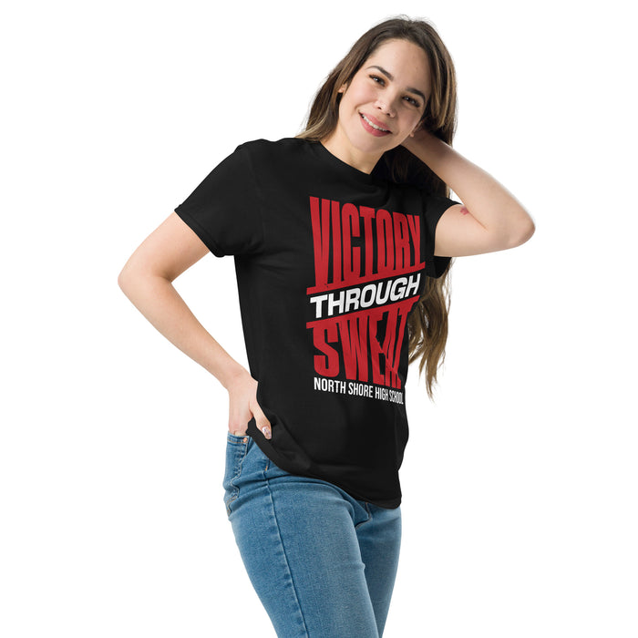 Woman wearing North Shore High School Mustangs Black Classic Unisex T-shirt 241
