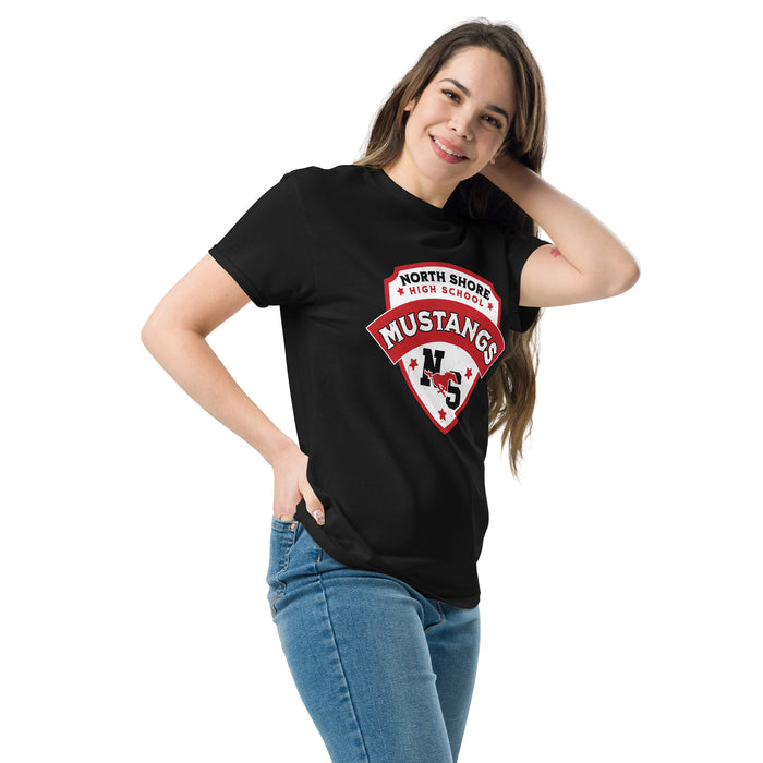 Woman wearing North Shore High School Mustangs Black Classic Unisex T-shirt 221