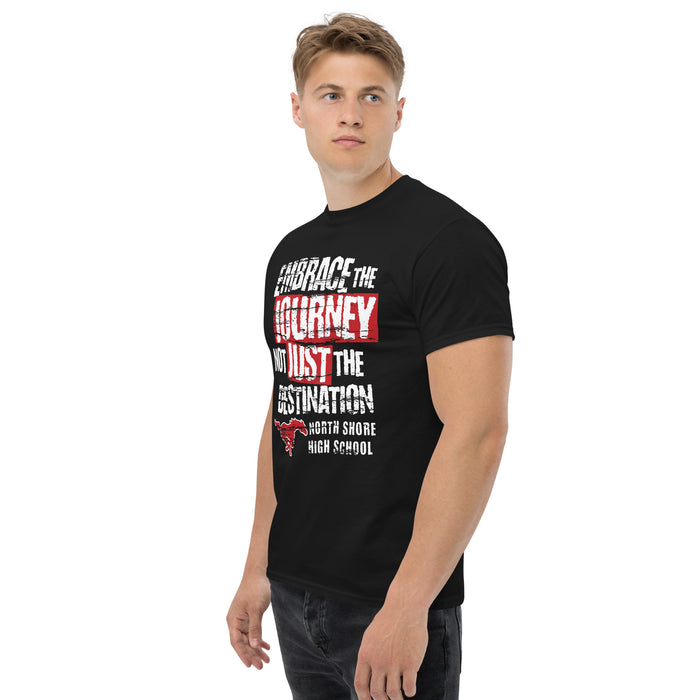 Man wearing North Shore High School Mustangs Black Classic Unisex T-shirt 232