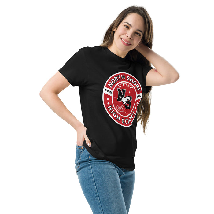 Woman wearing North Shore High School Mustangs Black Classic Unisex T-shirt 239