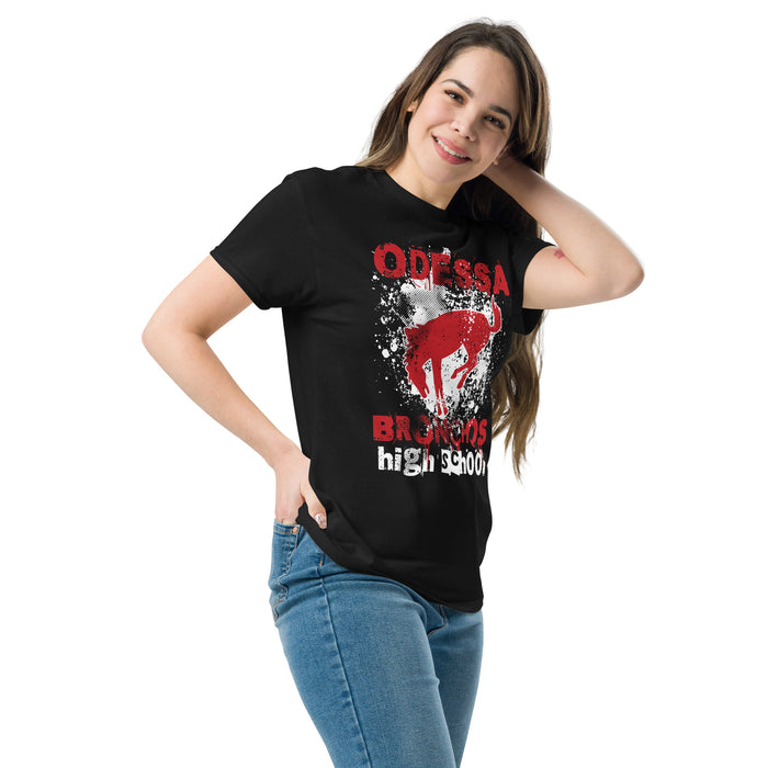 Woman wearing Odessa High School Bronchos Black Classic Unisex T-shirt 205