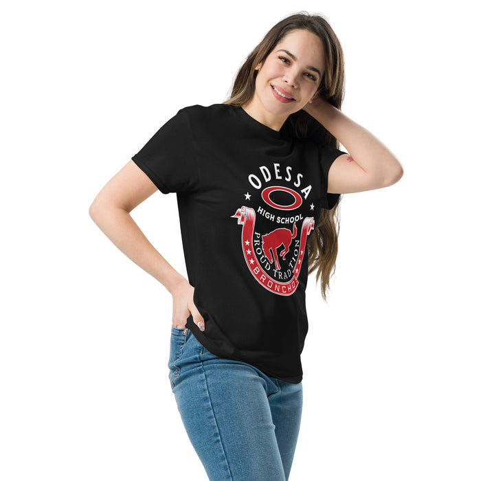 Woman wearing Odessa High School Bronchos Black Classic Unisex T-shirt 229