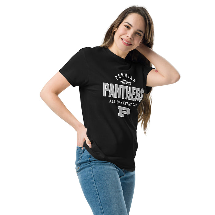 Woman wearing Permian High School Panthers Black Classic Unisex T-shirt 040