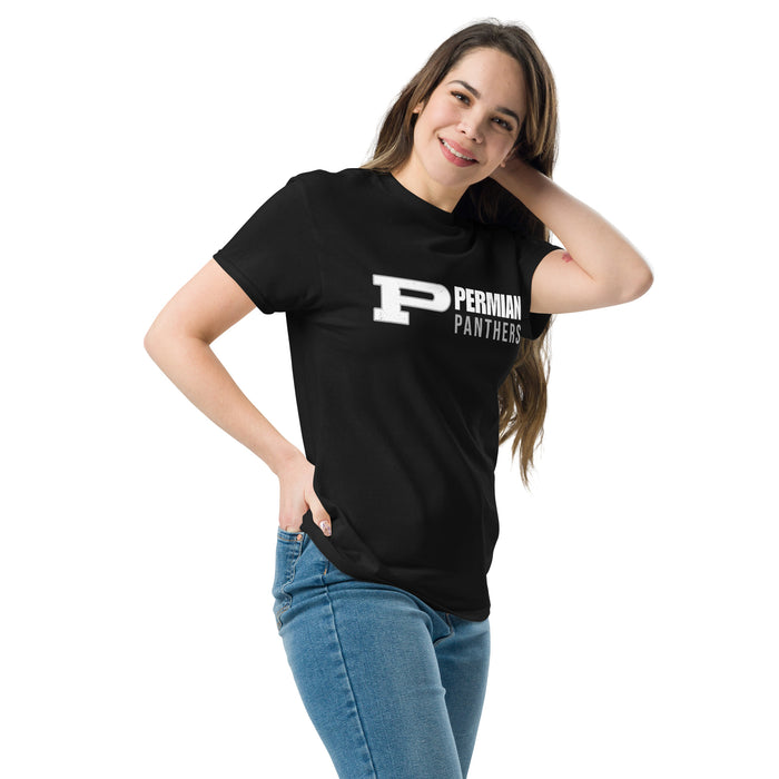 Woman wearing Permian High School Panthers Black Classic Unisex T-shirt 200