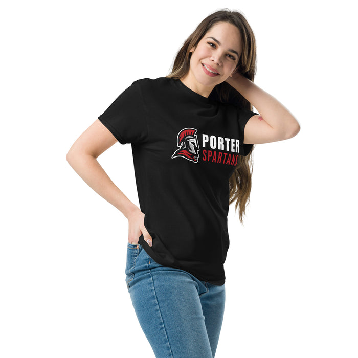 Woman wearing Porter High School Spartans Black Classic Unisex T-shirt 200