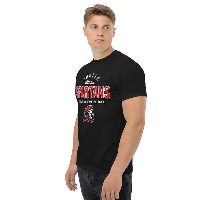 Man wearing Porter High School Spartans Black Classic Unisex T-shirt 040