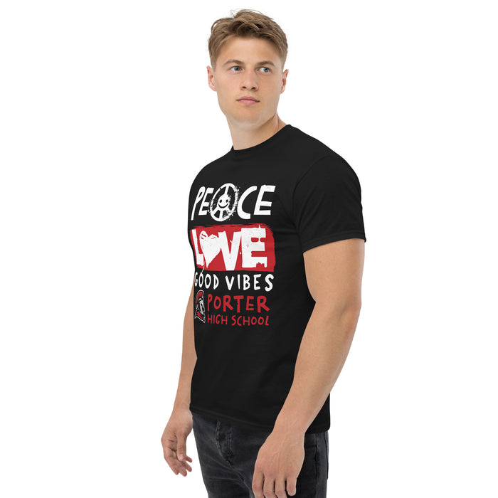Man wearing Porter High School Spartans Black Classic Unisex T-shirt 240