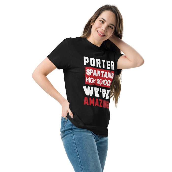 Woman wearing Porter High School Spartans Black Classic Unisex T-shirt 231