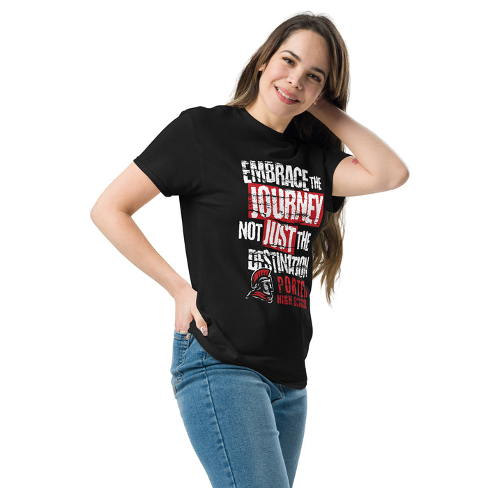 Woman wearing Porter High School Spartans Black Classic Unisex T-shirt 232