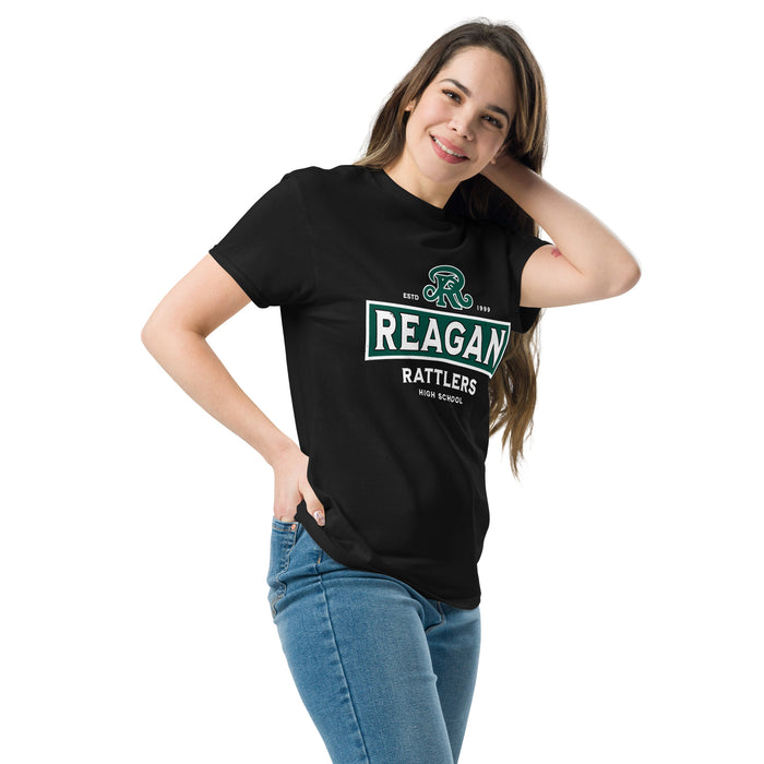 Woman wearing Reagan High School Rattlers Black Classic Unisex T-shirt 202