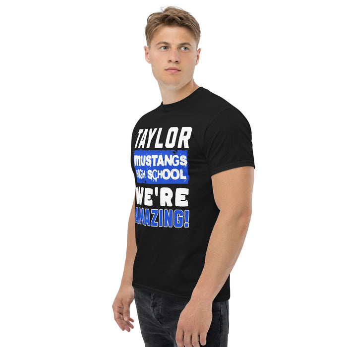 Man wearing Taylor High School Mustangs Black Classic Unisex T-shirt 231