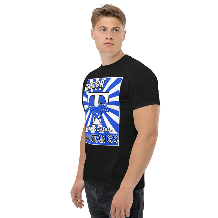 Man wearing Taylor High School Mustangs Black Classic Unisex T-shirt 226