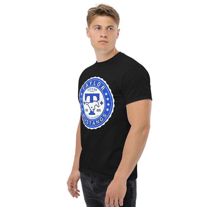 Man wearing Taylor High School Mustangs Black Classic Unisex T-shirt 216